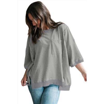 Light Grey Exposed Seam Chest Pocket Split Loose T Shirt