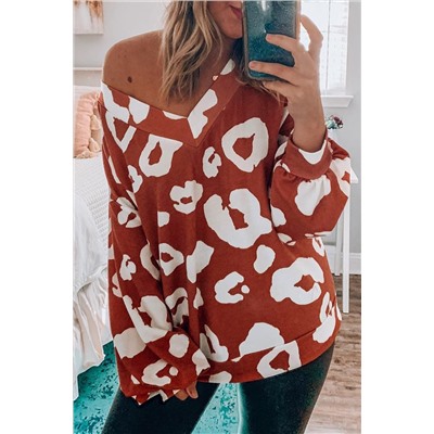 Fiery Red Clay Leopard Print Bishop Sleeve V-Neck Top