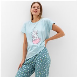 Комплект домашний женский "Котята" (футболка/брюки), цвет голубой, размер 52