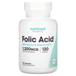 Nutricost, Фолиевая кислота с биотином и витамином B12 для женщин, 120 капсул