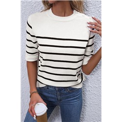 White Stripe Striped Half Sleeve Knitted Tee