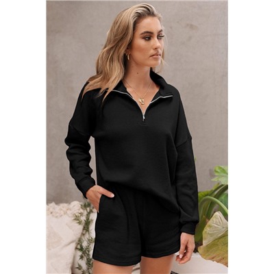 Black Ribbed Zipper Sweatshirt and High Waist Shorts Set