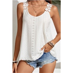 White Solid Color Eyelets Floral Straps Tank Top