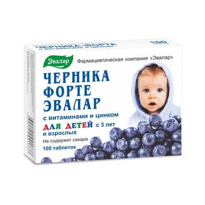 ЭВАЛАР Черника-форте с витаминами и цинком для детей с 3 лет таблетки 250мг N 100
