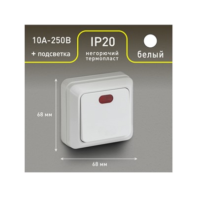 Выключатель Intro Quadro 2-102-01 одноклавишный с подсветкой, 10А-250В, IP20, ОУ, белый