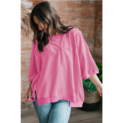 Bonbon Exposed Seam Chest Pocket Split Loose T Shirt