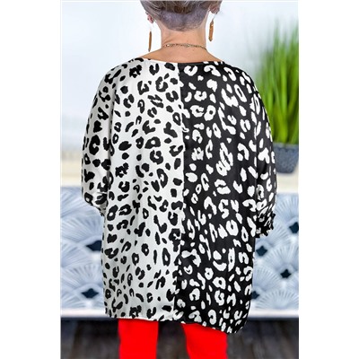 Black Plus Size Contrast Leopard Half Sleeve Blouse