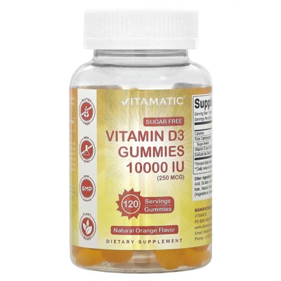 Vitamatic, Без сахара, витамин D3, апельсин, 250 мкг (10 000 МЕ), 120 жевательных таблеток