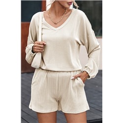 Beige Corded V Neck Slouchy Top Pocketed Shorts Set