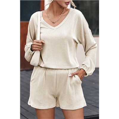 Beige Corded V Neck Slouchy Top Pocketed Shorts Set