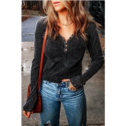 Black Vintage Ribbed Knit Button V Neck Long Sleeve Top