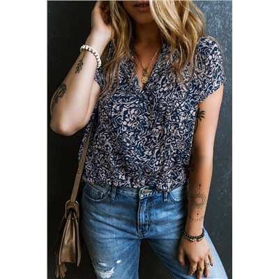 Blue Abstract Print Buttoned V Neck Short Sleeve Blouse