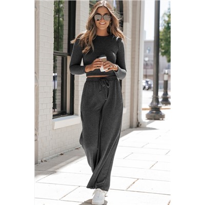 Carbon Grey Corded Long Sleeve Top Wide Leg Pants Set