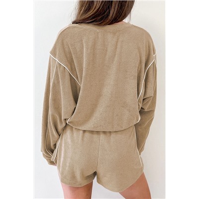 Khaki Piping Trim Long Sleeve Terry Shorts Set