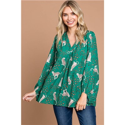 Green Printed Cheetah Print V Neck Flowy Blouse