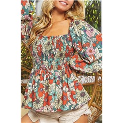 Printed Floral Print Smocked Puff Sleeve Peplum Blouse