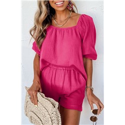 Bright Pink Crinkled Textured Square Neck Puff Sleeve and Shorts Set