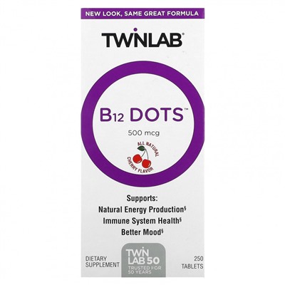 Twinlab, B-12 Dots, вишня, 500 мкг, 250 таблеток