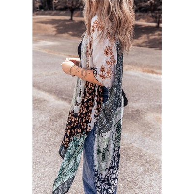 Green Boho Floral Print Irregular Hem Flowy Kimono