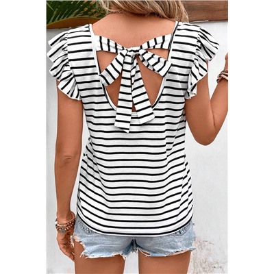 White Stripe Butterfly Sleeve V Neck Hollowed Knot Back T Shirt