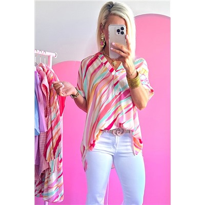 Multicolour Abstract Print High Low Short Sleeve Blouse