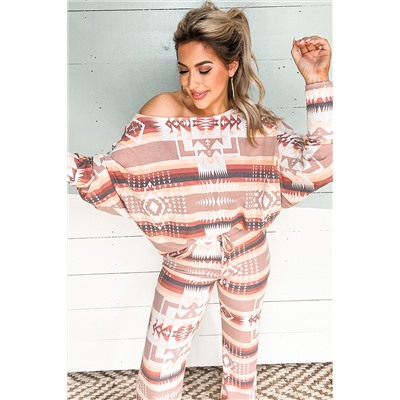 Multicolour Aztec Print Puff Sleeve Pullover and Pants Lounge Outfit