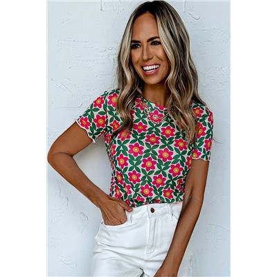 Fiery Red Retro Floral Print Crew Neck T Shirt