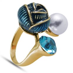 Кольцо (вставки: Кристаллы SW, голубые, Жемчуг, Эмаль; покрытие: Бронза)