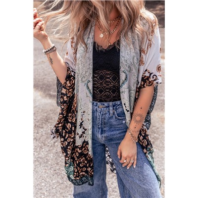 Green Boho Floral Print Irregular Hem Flowy Kimono