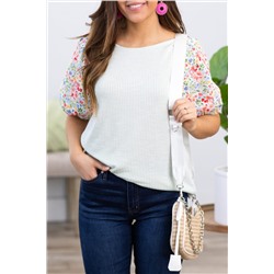 White Contrast Floral Puff Sleeve Ribbed Knit Plus Size Blouse