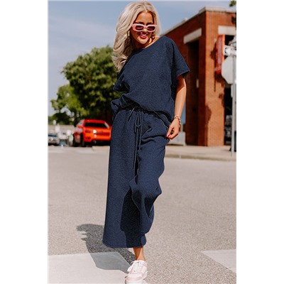 Navy Blue Textured Loose Fit T Shirt and Drawstring Pants Set