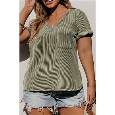 Meadow Mist Green Plus Size Corded V Neck Patch Pocket Tee