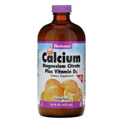Bluebonnet Nutrition, Жидкий кальция и магния цитрат плюс витамин D3, натуральный апельсиновый вкус, 16 жидких унций (472 мл)