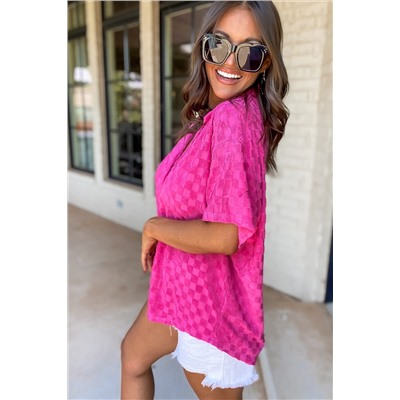 Bright Pink Lapel Neck Checkered Textured Short Sleeve Shirt