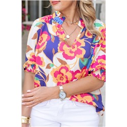 Rose Red Floral Print Split Neck Short Puff Sleeve Plus Blouse