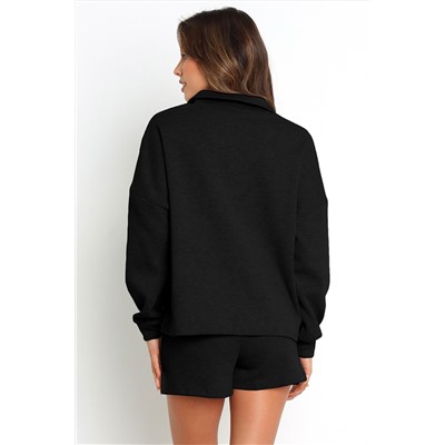 Black Ribbed Zipper Sweatshirt and High Waist Shorts Set