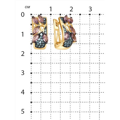 Серьги из золочёного серебра с пл. кварцем цв. родолит и фианитами цв. парайба 925 пробы 2-3151з110214