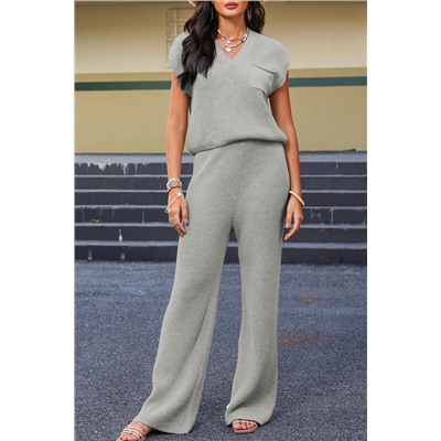 Gray Knitted V Neck Sweater and Casual Pants Set