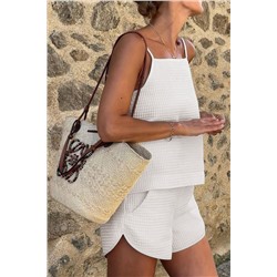 White Waffle Knit Textured Spaghetti Straps Cami and Shorts Set