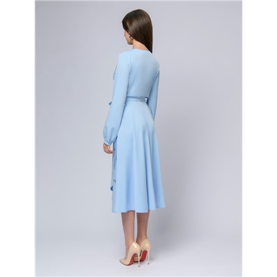 Платье светло-голубое длины миди с запахом и длинными рукавами