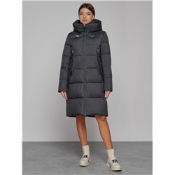 Пальто утепленное с капюшоном зимнее женское темно-серого цвета 51155TC