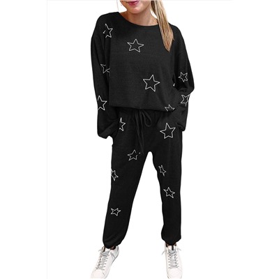 Black Stars Print Long Sleeve Drawstring High Waist Lounge Set