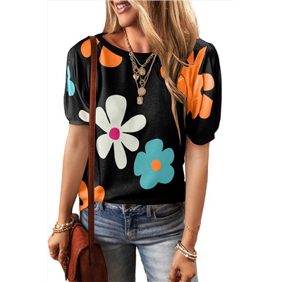 Black Flower Print Bubble Sleeve Tee