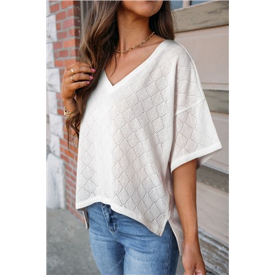 White V Neck Knitted Flowy Blouse