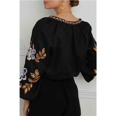 Black Bohemian Floral Embroidered V Neck Blouse