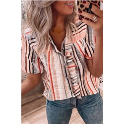 Khaki Stripe Multicolor Frilled Short Sleeve Shirt