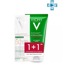 Виши Набор Очищение и защита для кожи, склонной к несовершенствам: солнцезащитный флюид UV-Clear SPF 50+ 40 мл + очищающий гель 50 мл (Vichy, Capital Soleil)