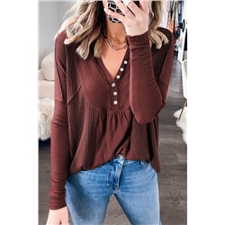 Red Dahlia Waffle Ribbed Knit Patchwork Henley Top