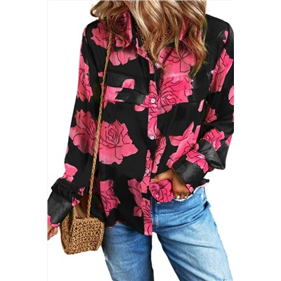 Black Floral Print Pleated Detail Puff Sleeve Shirt