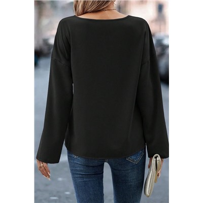 Black Roll Up Sleeve Stitching Detail Blouse